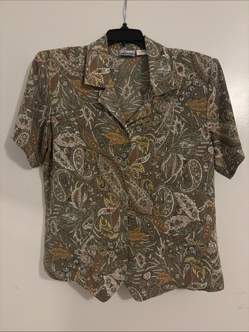 Anna Women's Short-Sleeve Paisley Button-Up Blouse in Olive, Tan, Cream